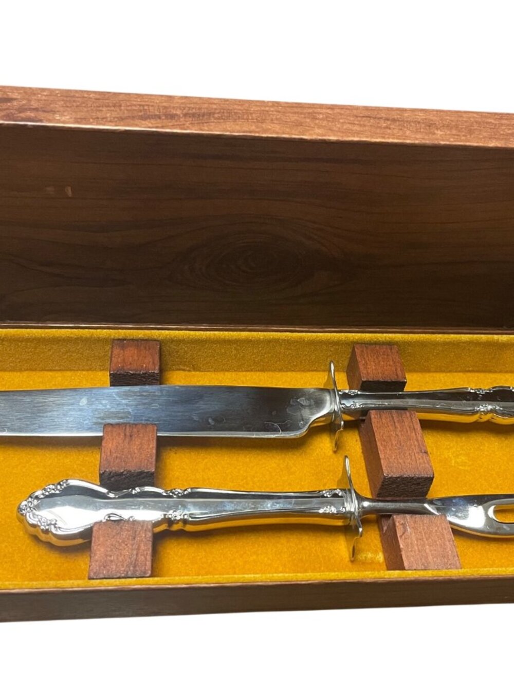 Vintage Stainless Steel Carving Knife & Fork Set With Ornate Handles In Storage